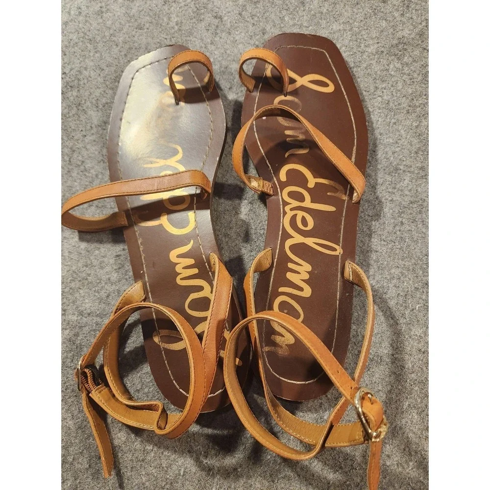 Sam Edelman Sandals Shoes Womens Size 9 Brown Leather Strappy Thong‎ Flat Ankle